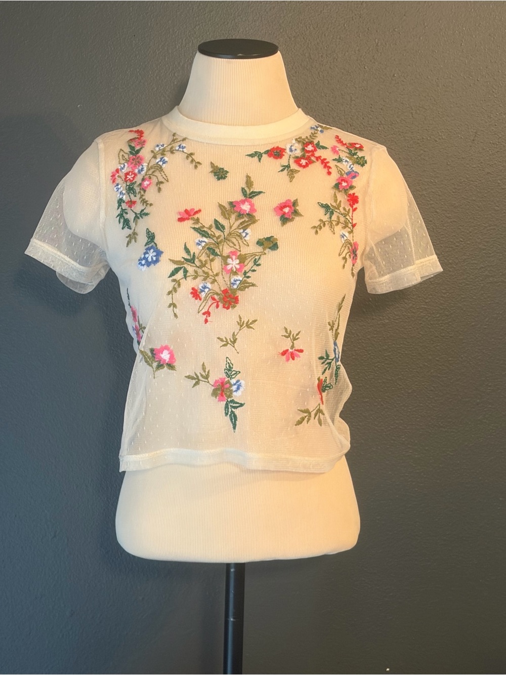 Urban Outfitters Sheer Ivory Floral Embroidered Short Sleeve Top Sz Medium